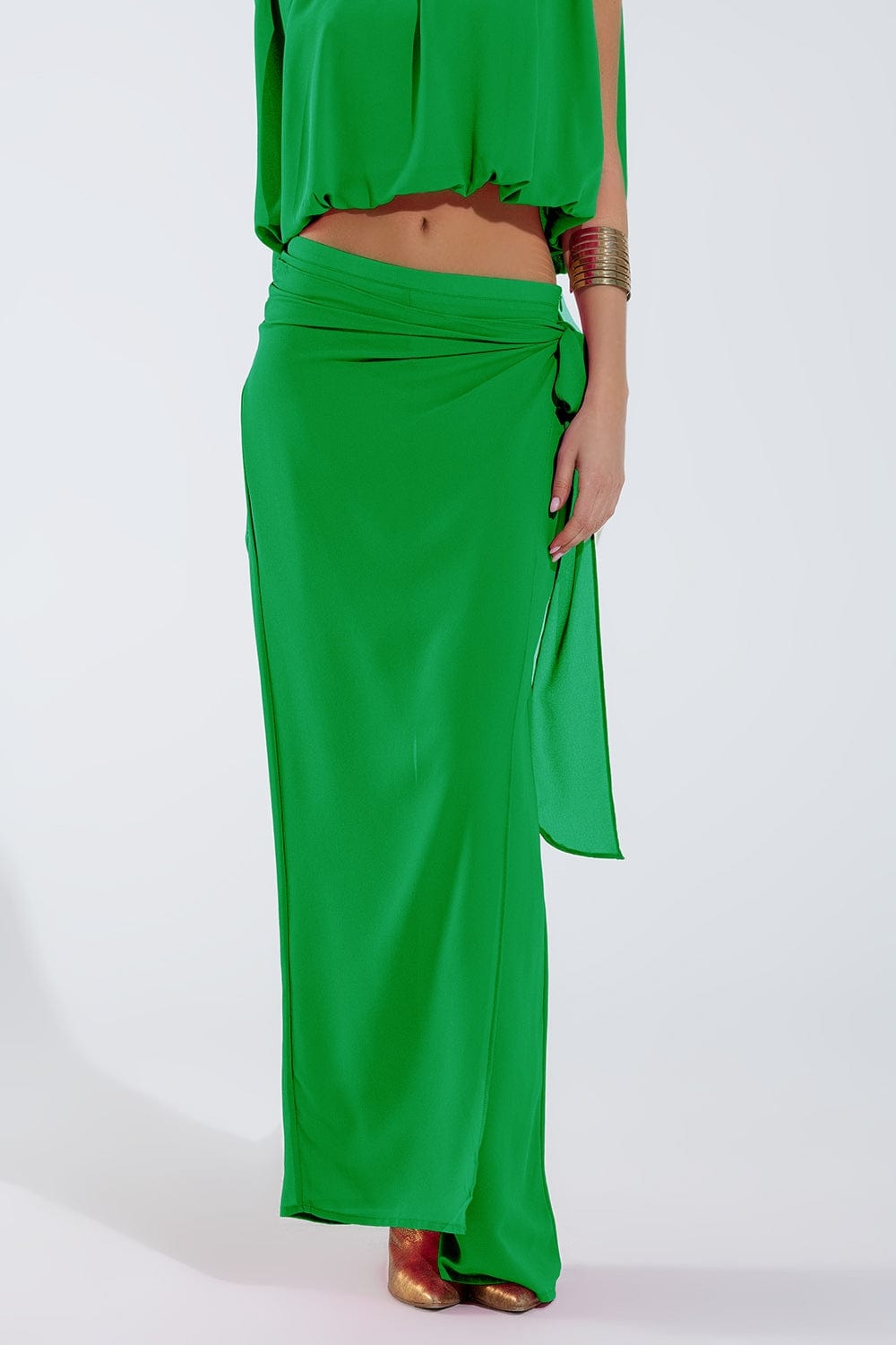 Q2 Women's Pants & Trousers Wide Green Pants Overlay Skirt Tied At The Side