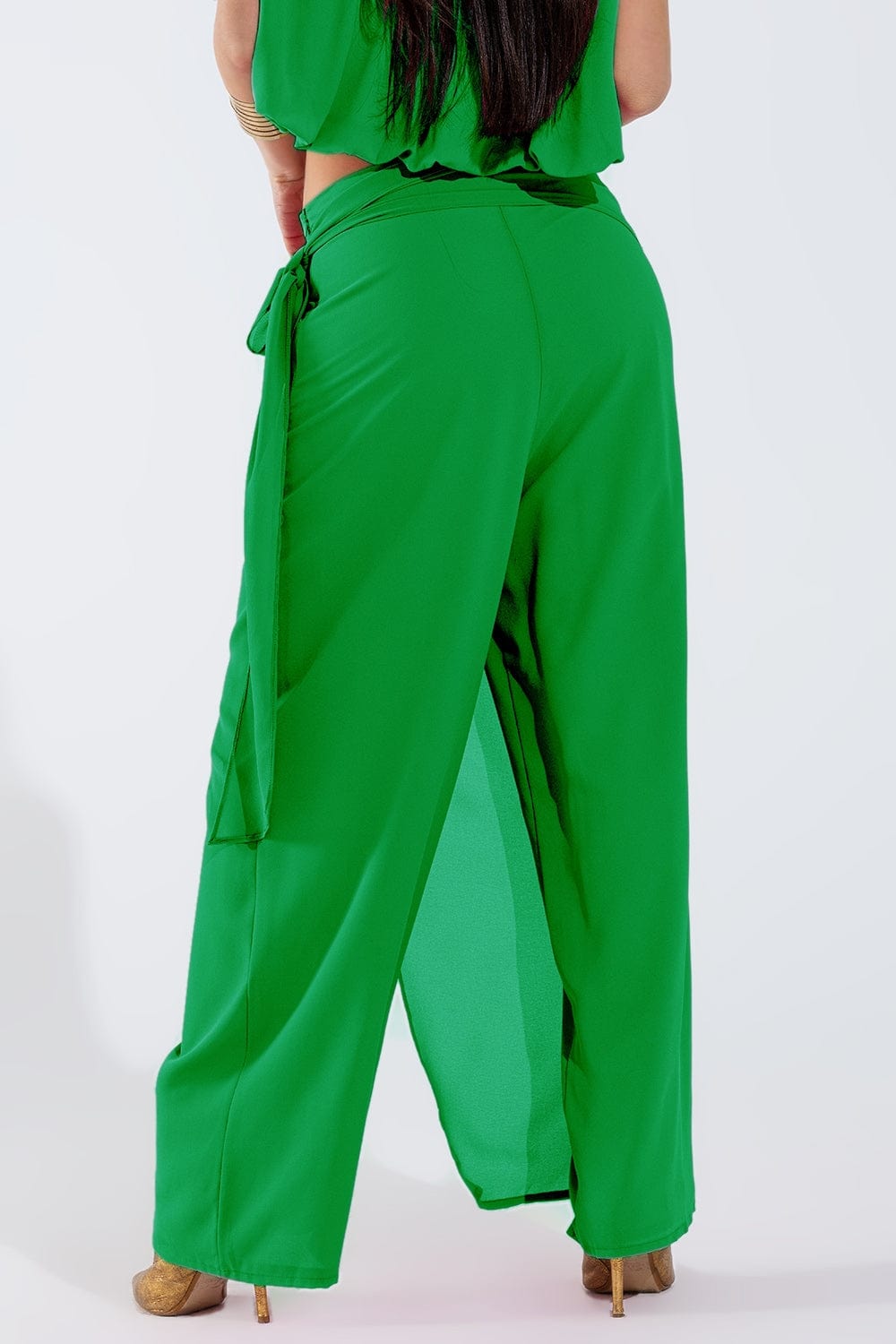 Q2 Women's Pants & Trousers Wide Green Pants Overlay Skirt Tied At The Side