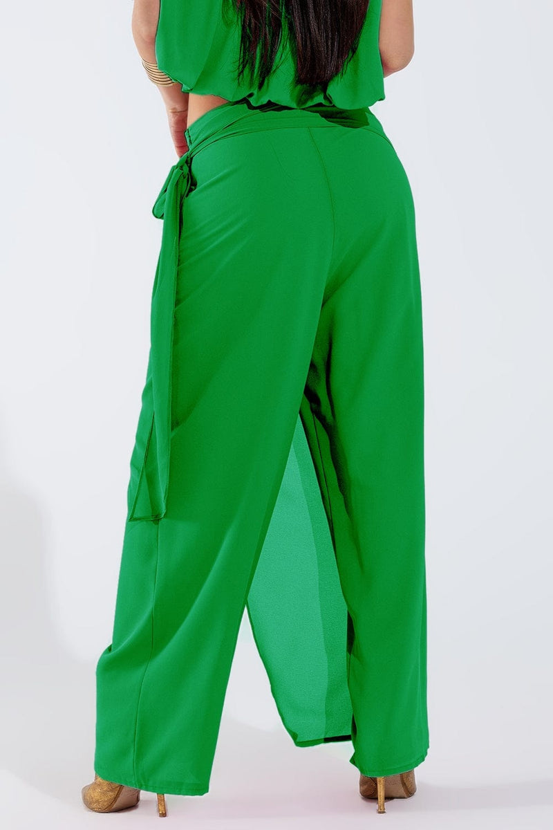 Q2 Women's Pants & Trousers Wide Green Pants Overlay Skirt Tied At The Side