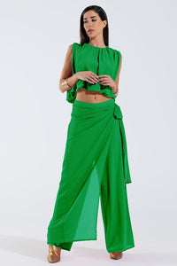 Q2 Women's Pants & Trousers Wide Green Pants Overlay Skirt Tied At The Side