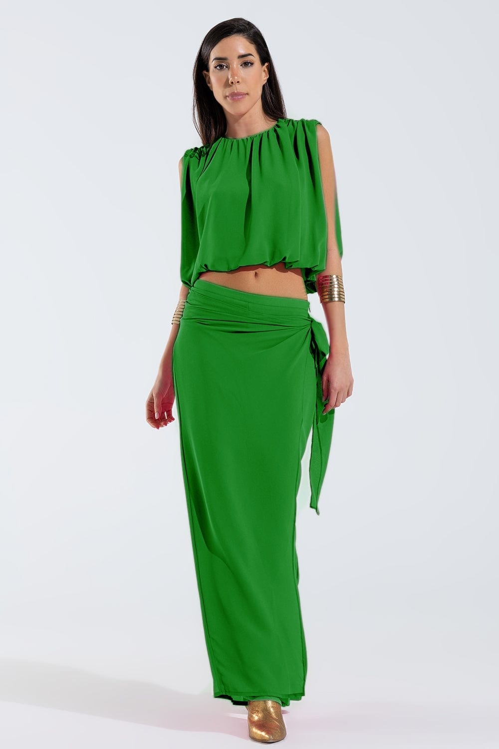 Q2 Women's Pants & Trousers Wide Green Pants Overlay Skirt Tied At The Side