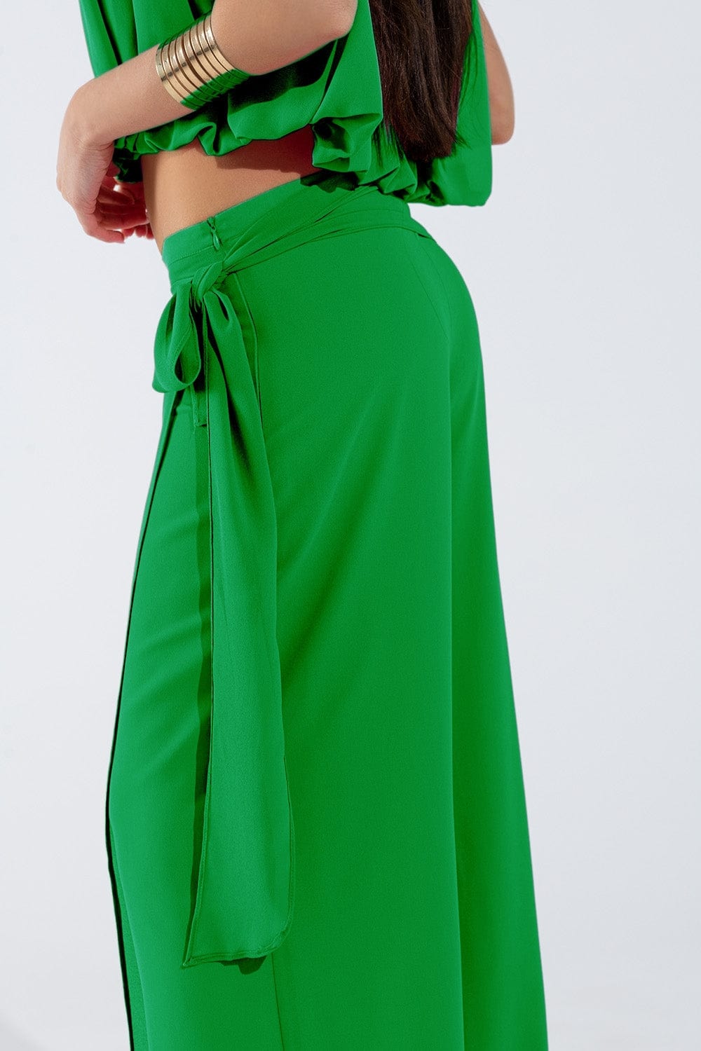 Q2 Women's Pants & Trousers Wide Green Pants Overlay Skirt Tied At The Side
