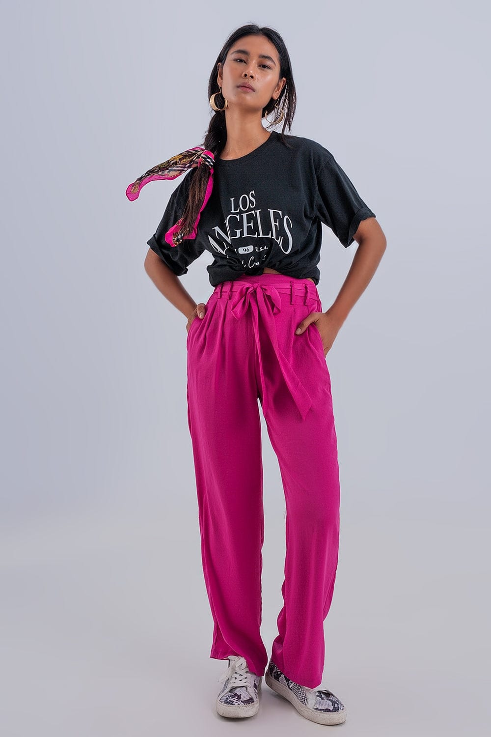 Q2 Women's Pants & Trousers Wide Leg Belted Pants in Fuchsia
