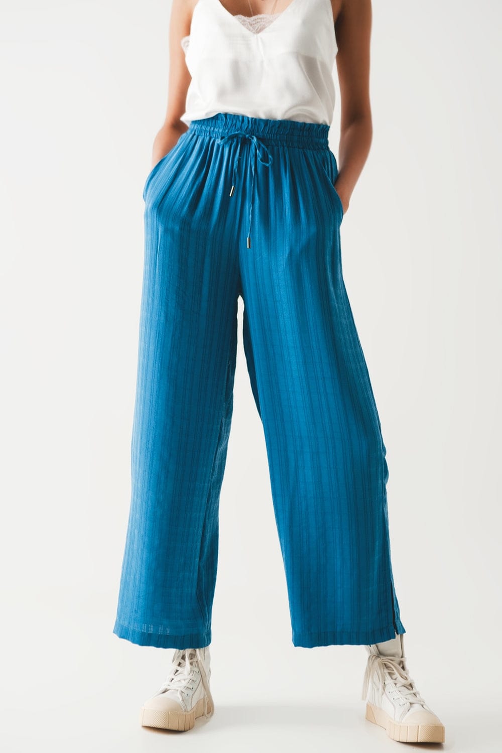 Q2 Women's Pants & Trousers Wide Leg Drawstring Pants in Blue