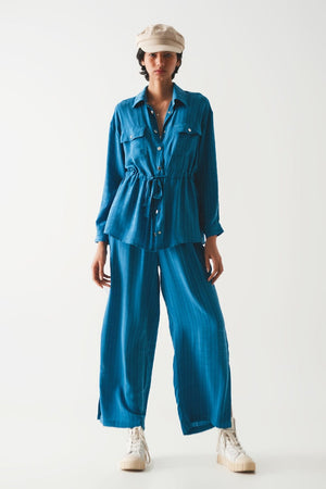 Q2 Women's Pants & Trousers Wide Leg Drawstring Pants in Blue