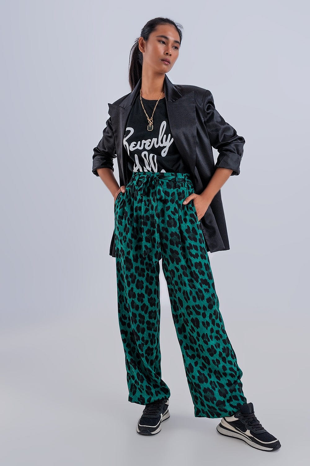 Q2 Women's Pants & Trousers Wide Leg Pants in Green Leopard Print