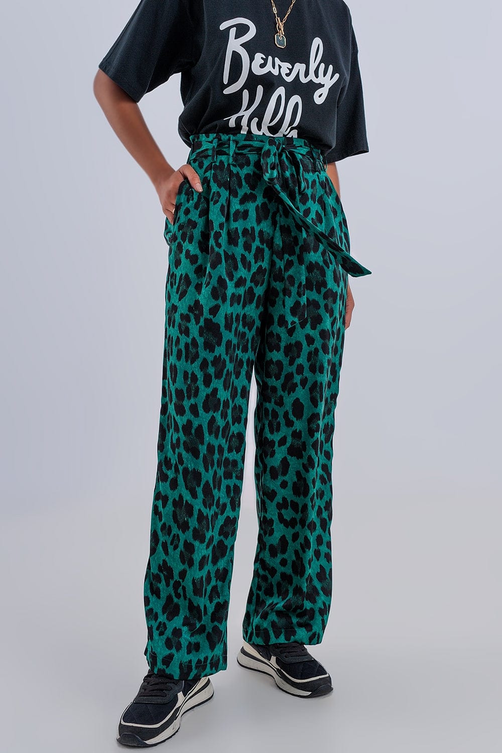 Q2 Women's Pants & Trousers Wide Leg Pants in Green Leopard Print