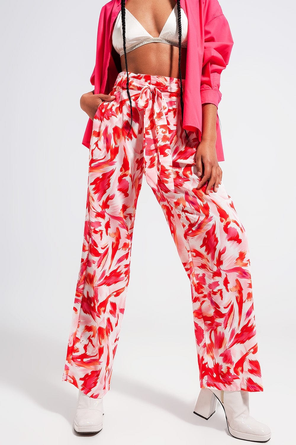 Q2 Women's Pants & Trousers Wide Leg Pants with Belt In Fuchsia