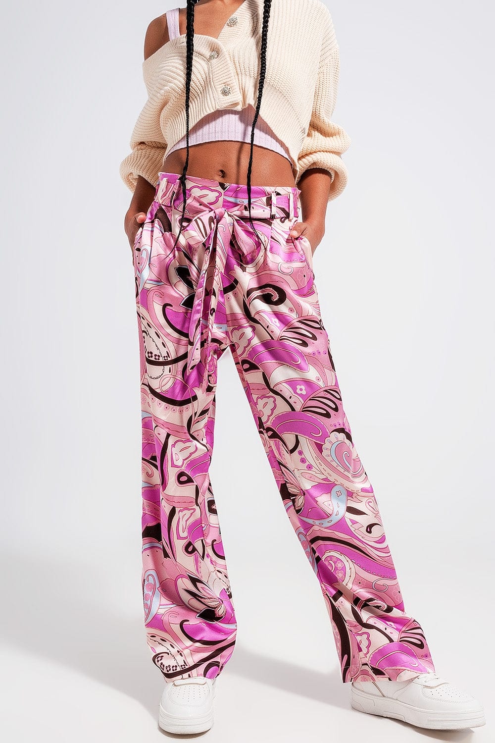 Q2 Women's Pants & Trousers Wide Leg Pants with Belt in Pink