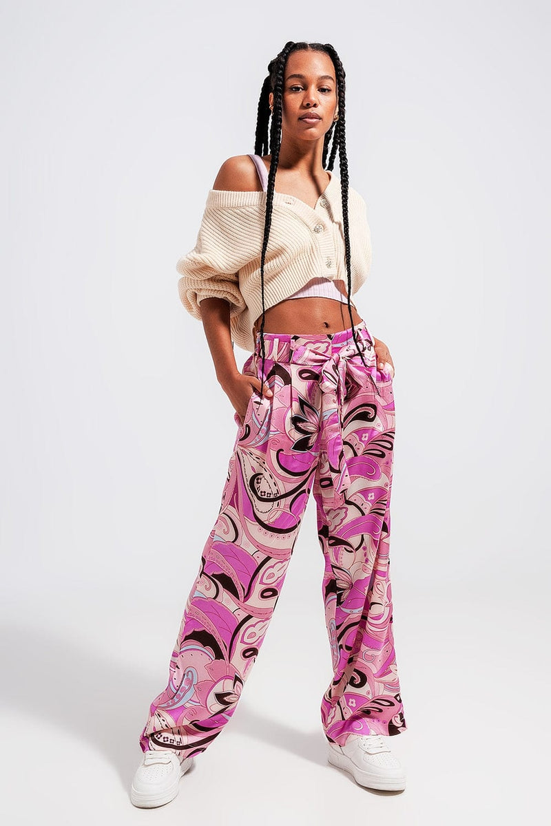 Q2 Women's Pants & Trousers Wide Leg Pants with Belt in Pink