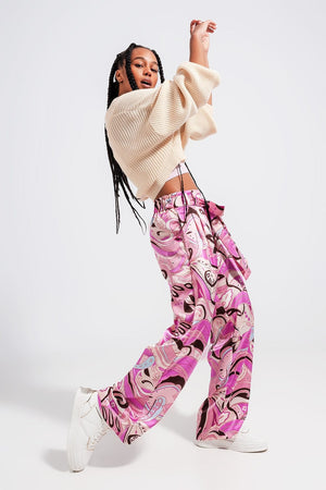 Q2 Women's Pants & Trousers Wide Leg Pants with Belt in Pink