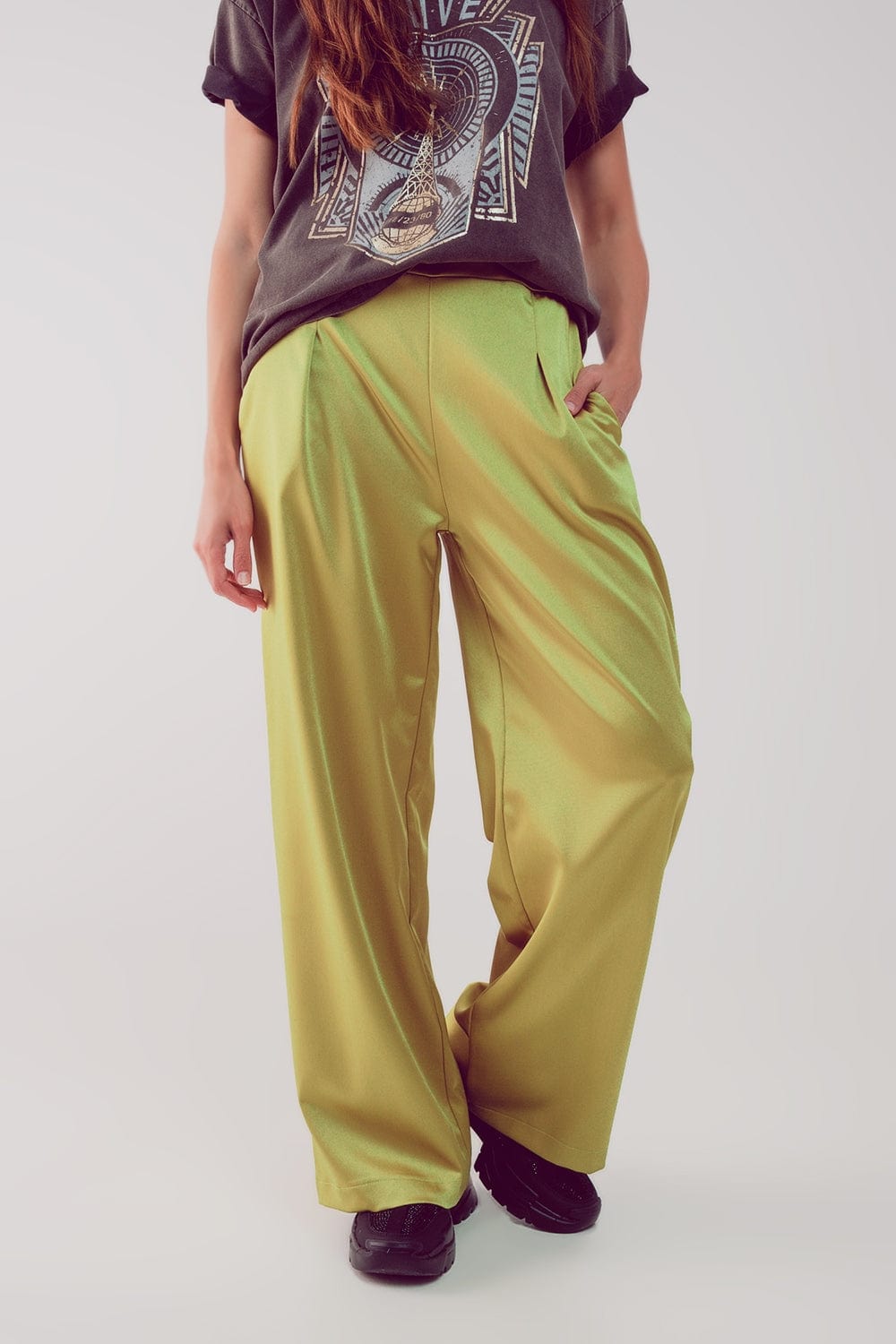 Q2 Women's Pants & Trousers Wide Leg Satin Pants in Acid Lime