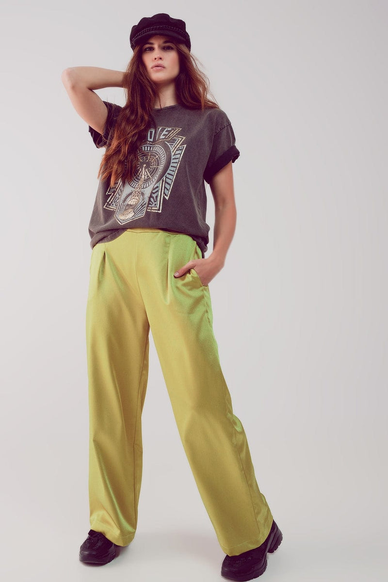 Q2 Women's Pants & Trousers Wide Leg Satin Pants in Acid Lime