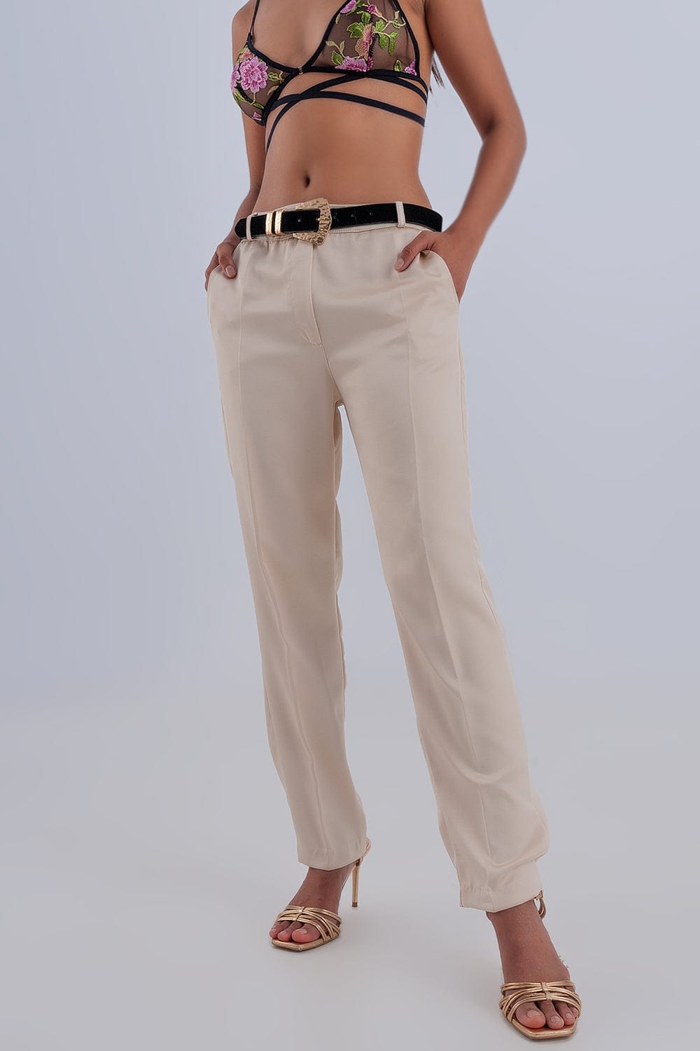 Q2 Women's Pants & Trousers Wide Leg Satin Pants in Beige