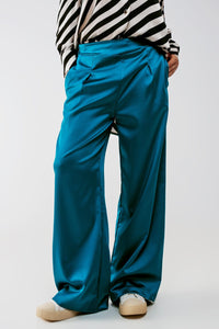 Q2 Women's Pants & Trousers Wide Leg Satin Pants in Blue