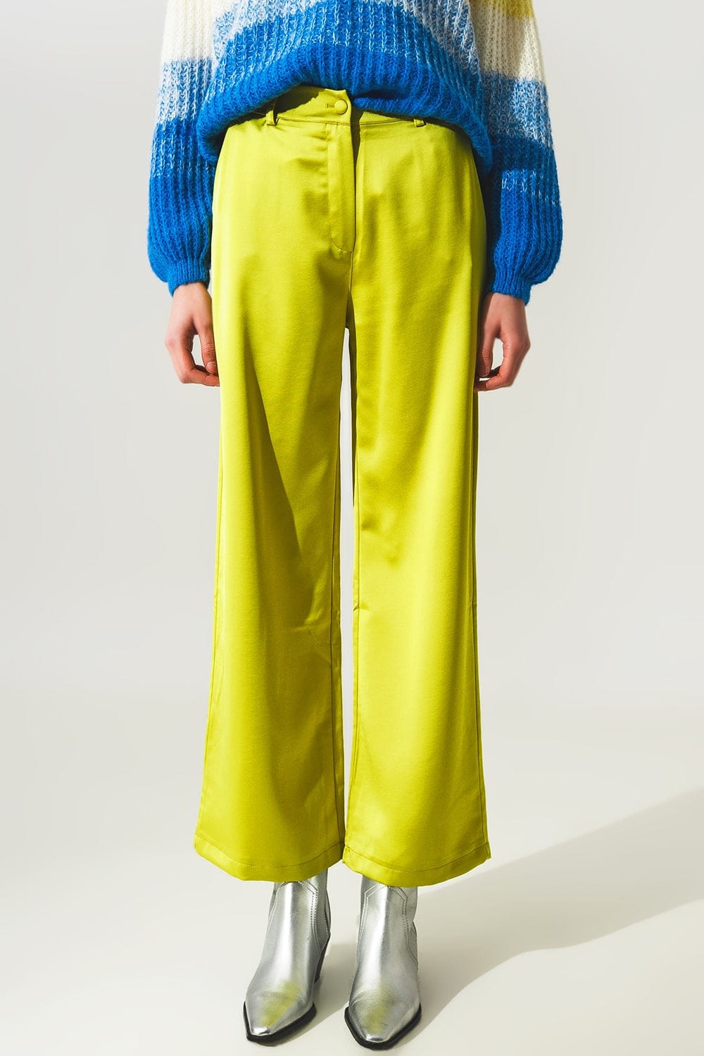 Q2 Women's Pants & Trousers Wide Leg Satin Pants in Lime Green