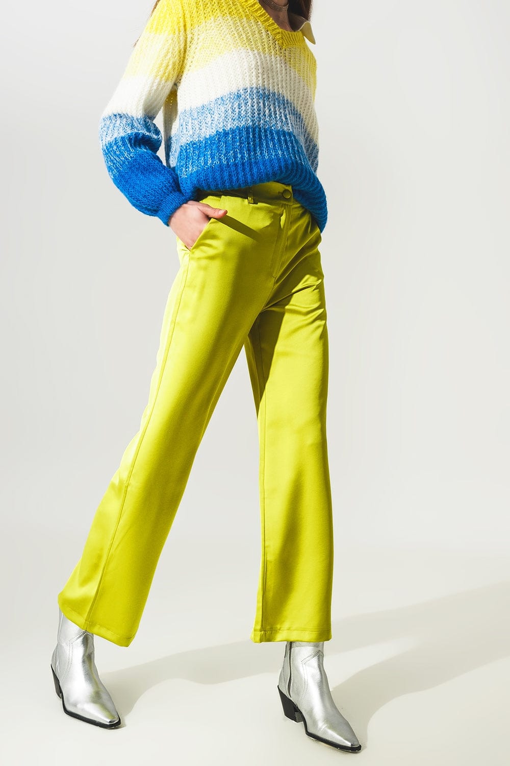 Q2 Women's Pants & Trousers Wide Leg Satin Pants in Lime Green