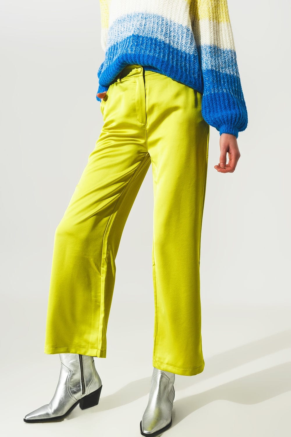 Q2 Women's Pants & Trousers Wide Leg Satin Pants in Lime Green