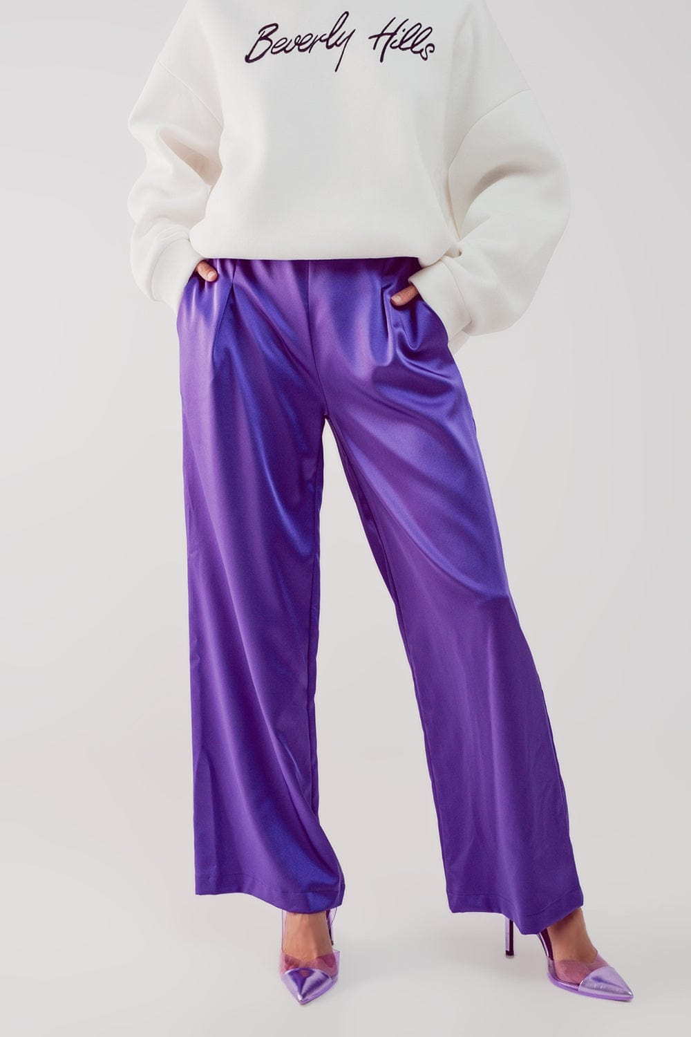 Q2 Women's Pants & Trousers Wide Leg Satin Pants in Purple