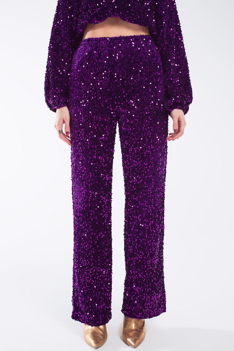 Q2 Women's Pants & Trousers Wide Leg Sequin Pants With Side Pockets In Purple