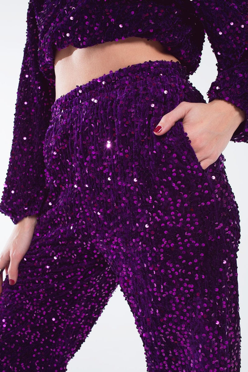 Q2 Women's Pants & Trousers Wide Leg Sequin Pants With Side Pockets In Purple