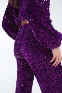 Q2 Women's Pants & Trousers Wide Leg Sequin Pants With Side Pockets In Purple