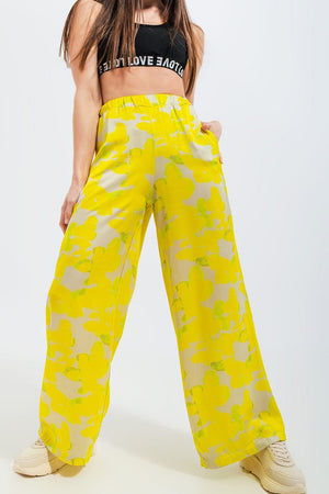 Q2 Women's Pants & Trousers Wide Leg Trousers in Yellow Floral