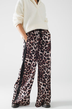 Q2 Women's Pants & Trousers Wide Leopard Pants With Satin Side Stripe