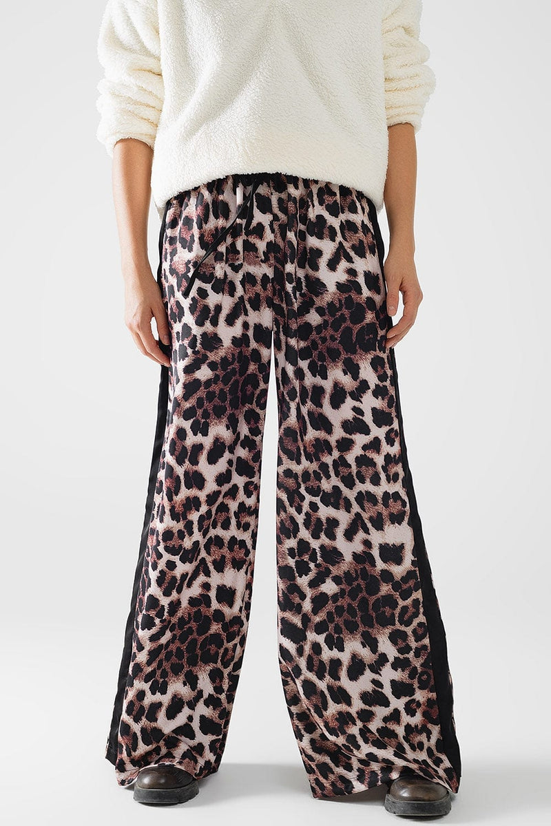 Q2 Women's Pants & Trousers Wide Leopard Pants With Satin Side Stripe