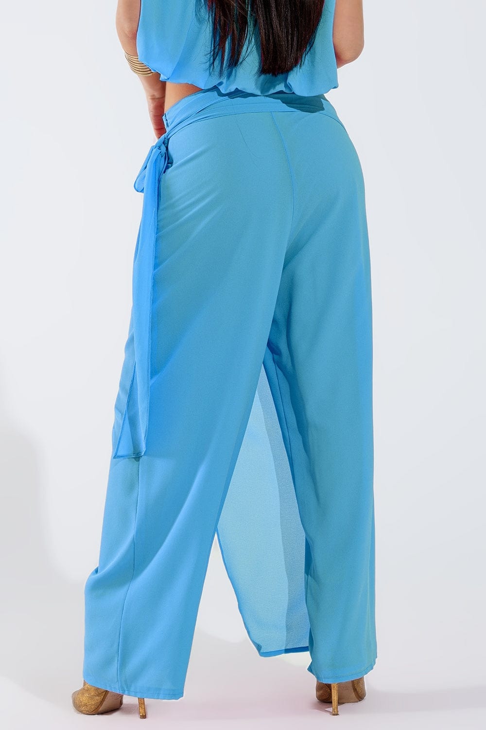 Q2 Women's Pants & Trousers Wide Light Blue Pants Overlay Skirt Tied At The Side