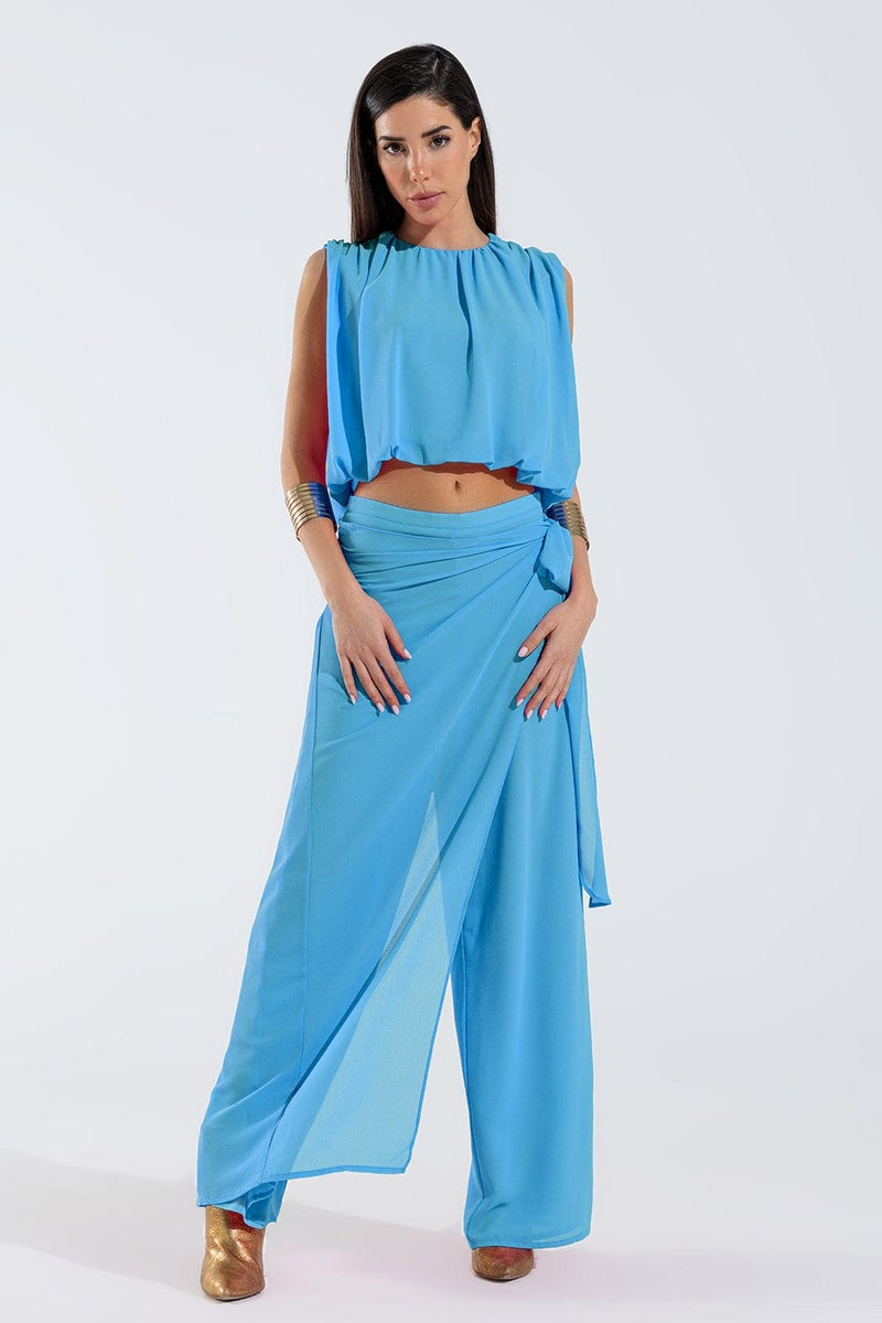 Q2 Women's Pants & Trousers Wide Light Blue Pants Overlay Skirt Tied At The Side