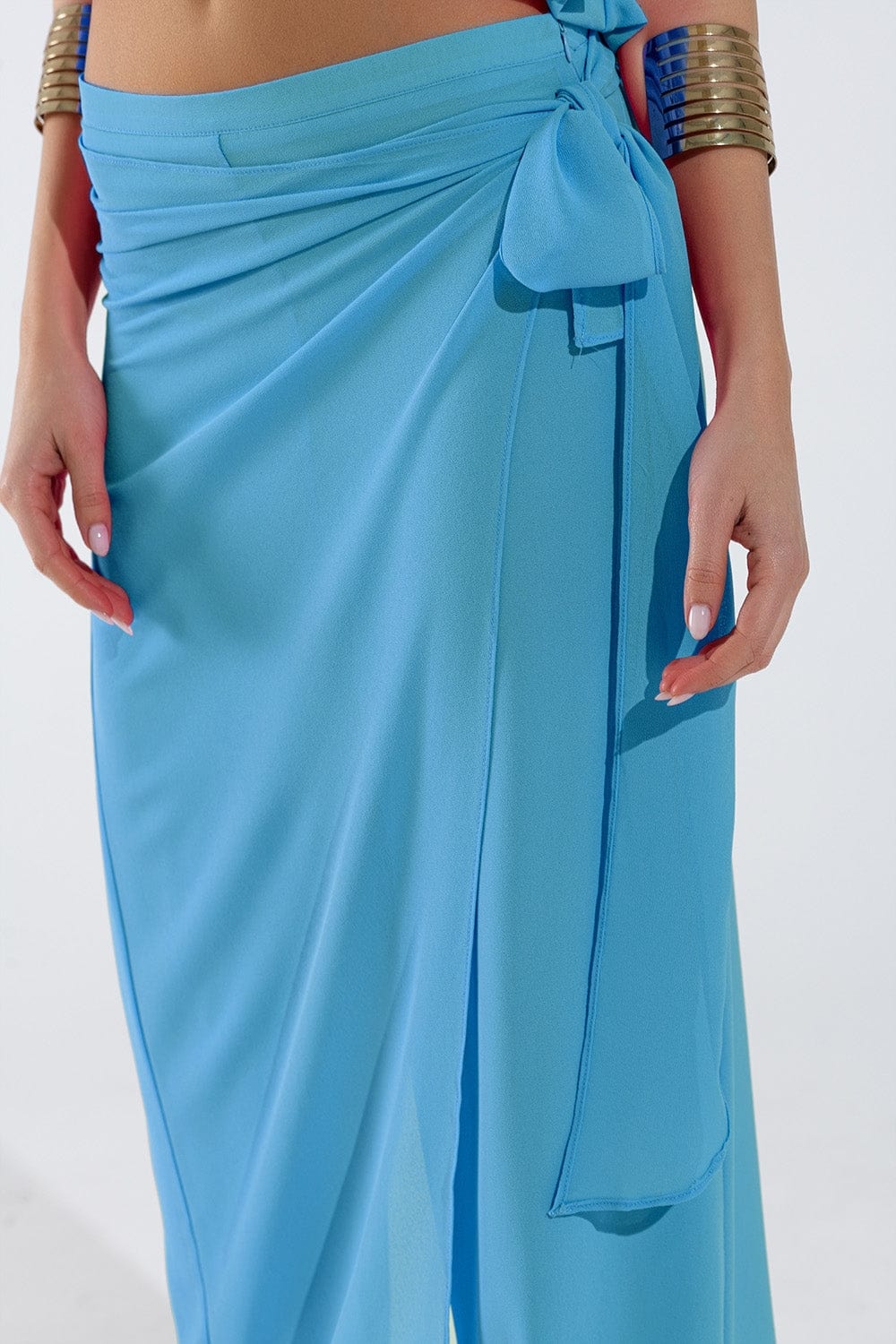 Q2 Women's Pants & Trousers Wide Light Blue Pants Overlay Skirt Tied At The Side