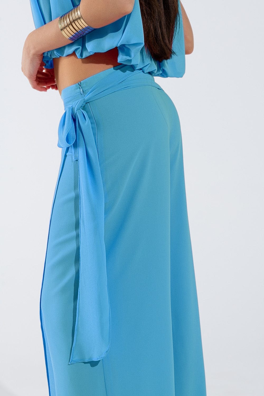 Q2 Women's Pants & Trousers Wide Light Blue Pants Overlay Skirt Tied At The Side