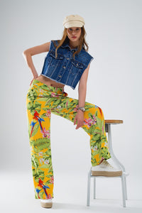 Q2 Women's Pants & Trousers Yellow Pants With Tropical Print With Zip Side