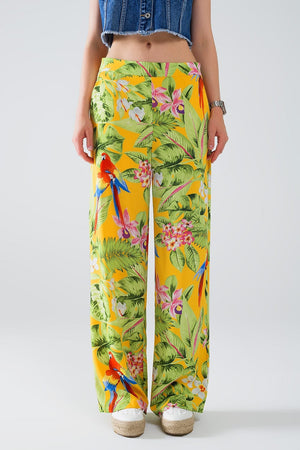 Q2 Women's Pants & Trousers Yellow Pants With Tropical Print With Zip Side