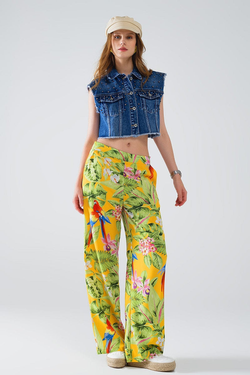 Q2 Women's Pants & Trousers Yellow Pants With Tropical Print With Zip Side