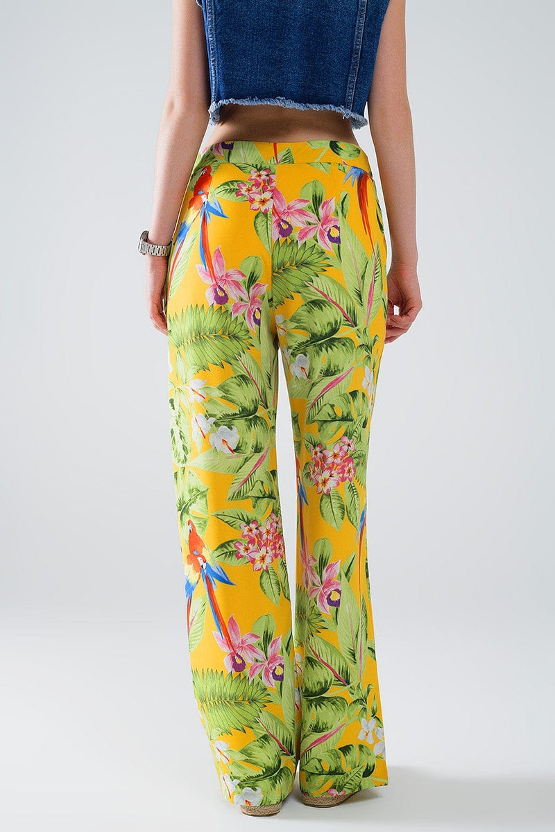 Q2 Women's Pants & Trousers Yellow Pants With Tropical Print With Zip Side