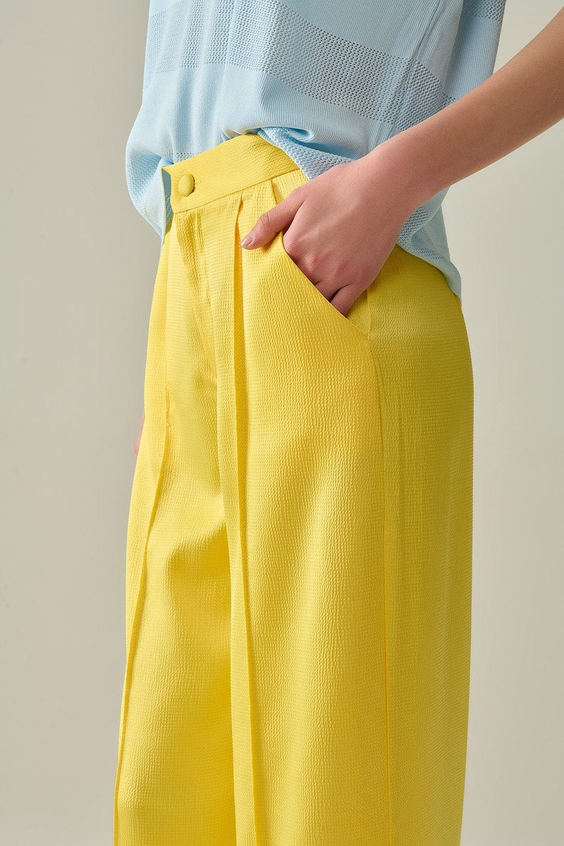 Q2 Women's Pants & Trousers Yellow Wide Leg Pants In Textured Satin