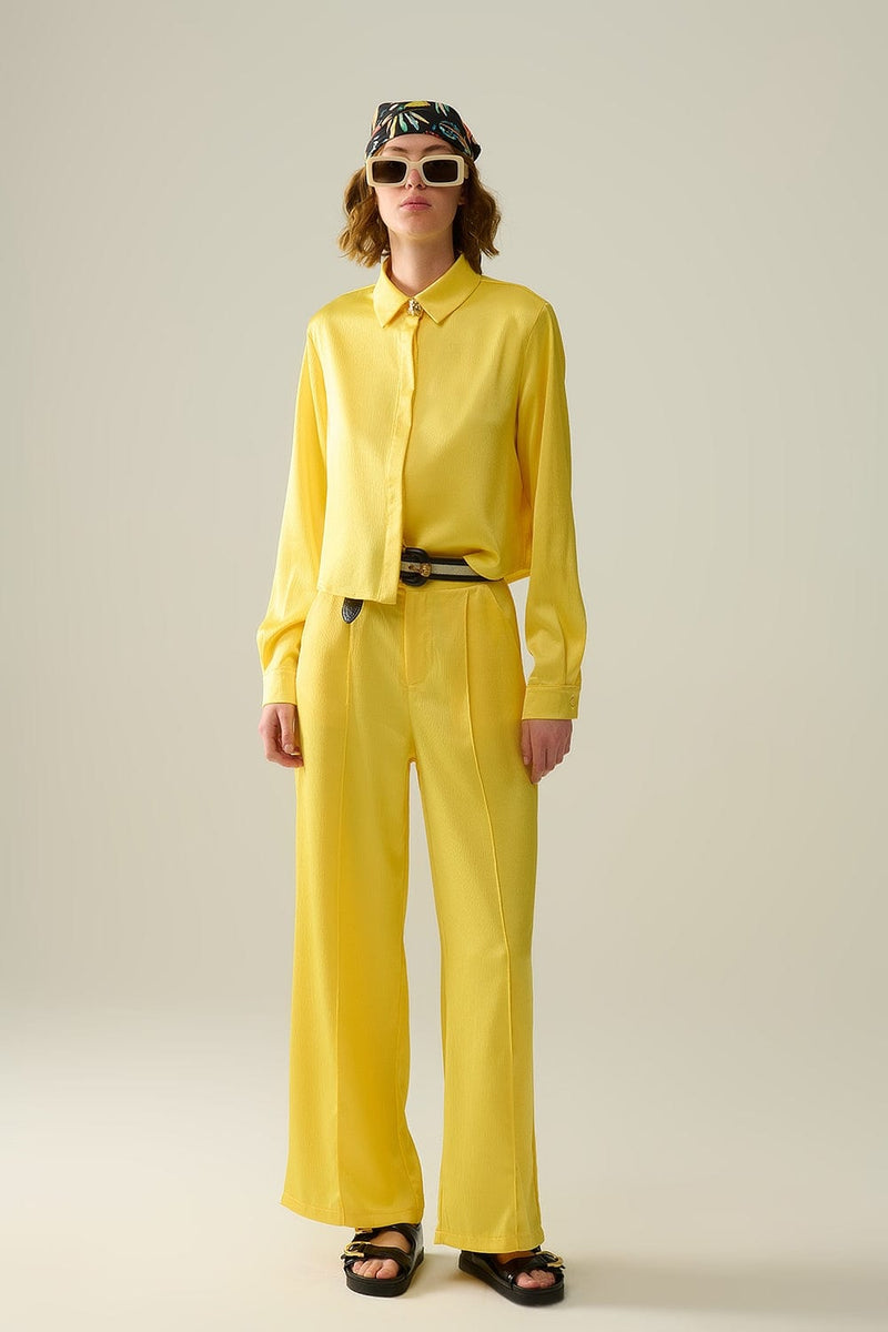Q2 Women's Pants & Trousers Yellow Wide Leg Pants In Textured Satin
