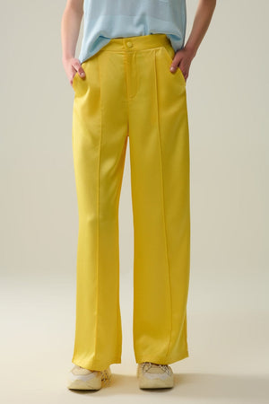Q2 Women's Pants & Trousers Yellow Wide Leg Pants In Textured Satin