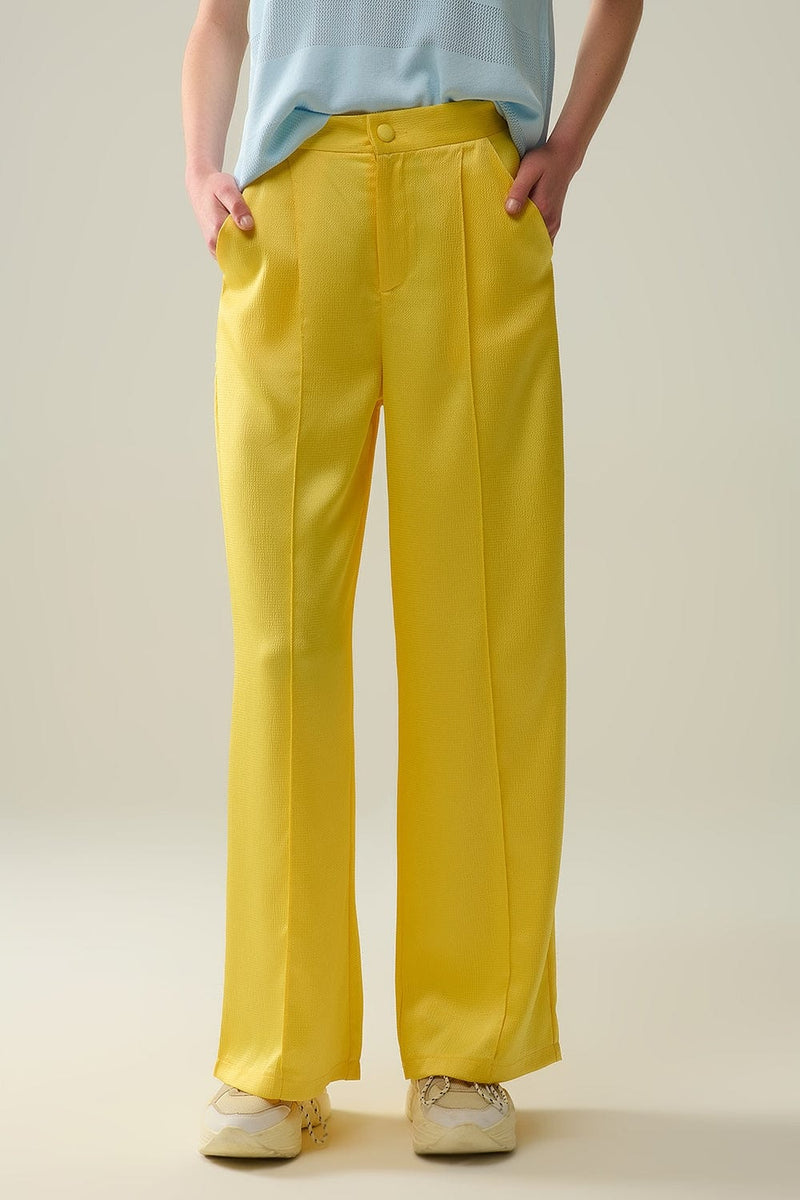 Q2 Women's Pants & Trousers Yellow Wide Leg Pants In Textured Satin
