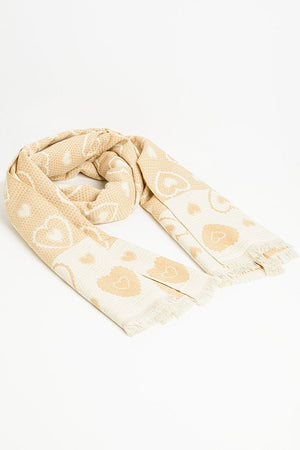 Q2 Women's Scarves, Wraps, & Gloves One Size / Beige Beige Scarf With Heart Print And Golden Thread Detail