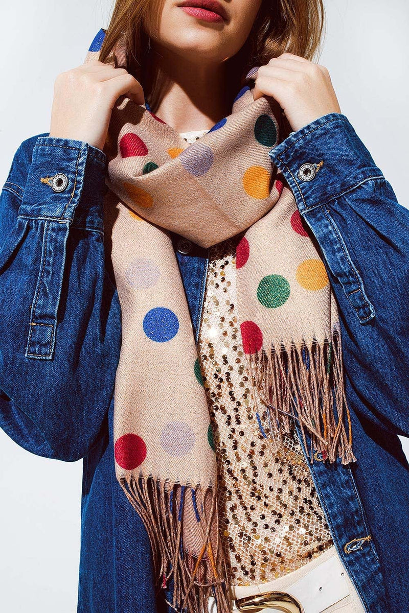 Q2 Women's Scarves, Wraps, & Gloves One Size / Beige Multicolored Polka Dot Soft Scarf In Beige