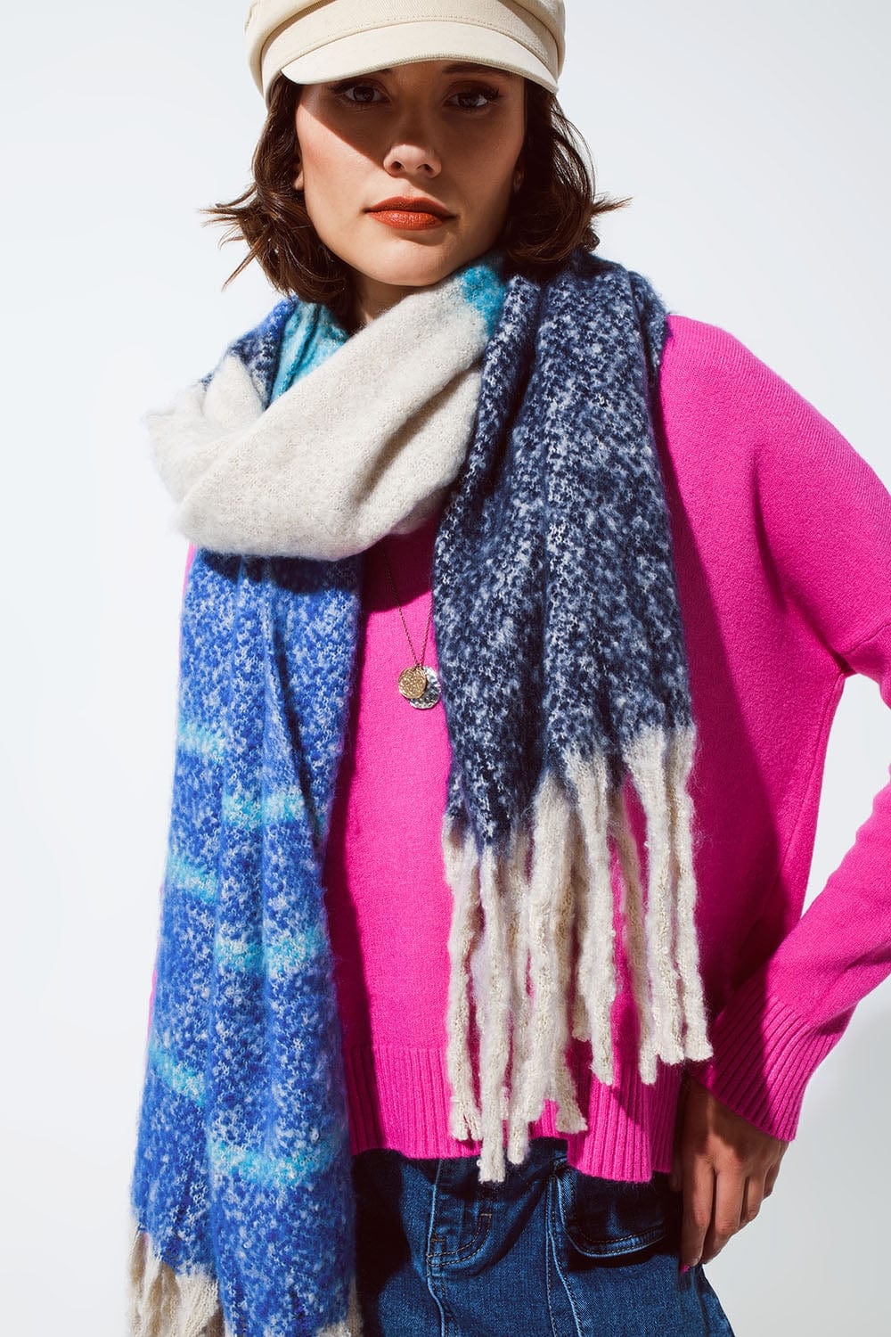Q2 Women's Scarves, Wraps, & Gloves One Size / Blue Chunky Scarf With Stripes In Blue
