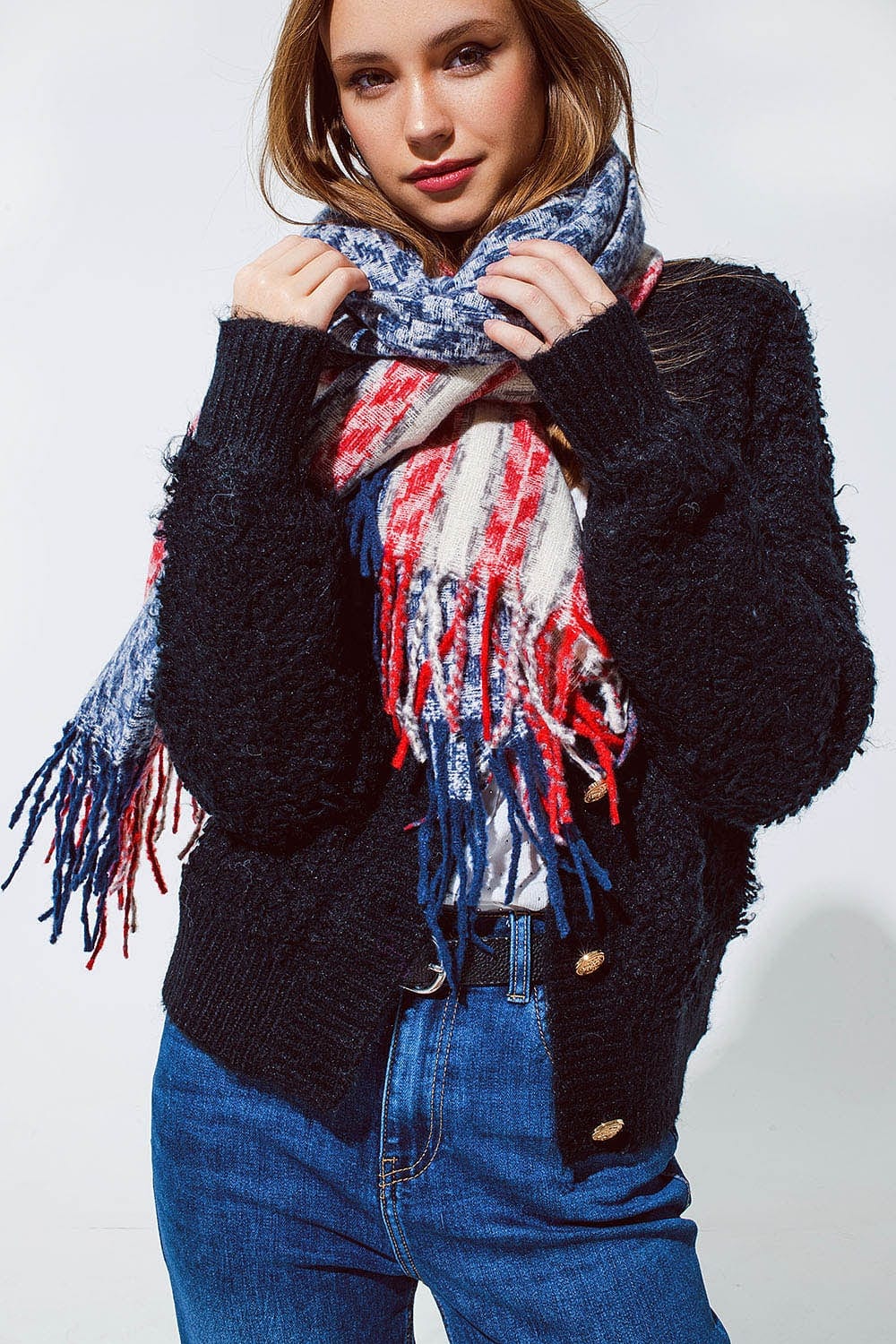 Q2 Women's Scarves, Wraps, & Gloves One Size / Blue Houndstooth Style Americana Scarf In White Red And Blue