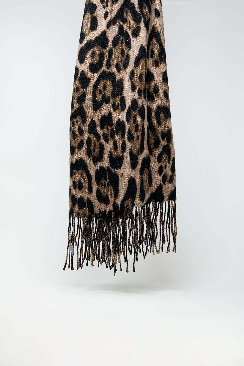 Q2 Women's Scarves, Wraps, & Gloves One Size / Brown Brown Leopard Print Fluffy Knit Scarf With Rhinestone Details