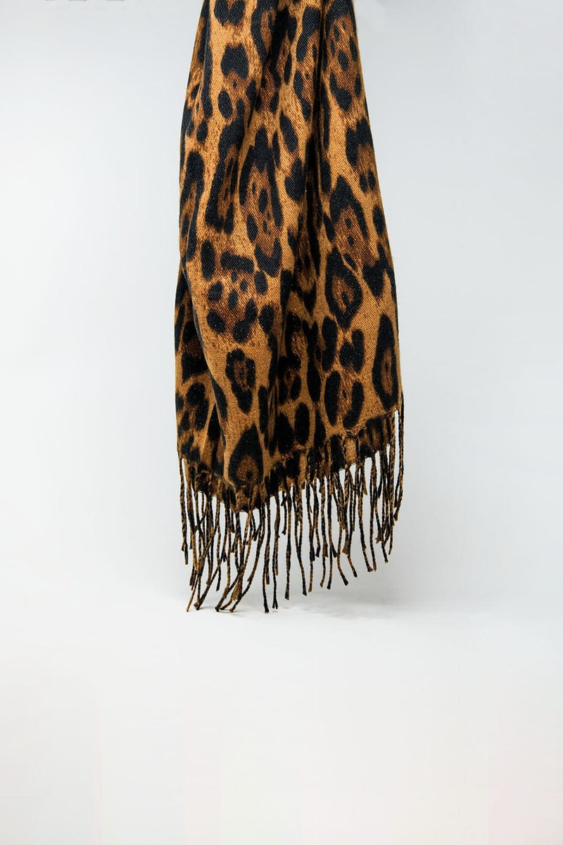 Q2 Women's Scarves, Wraps, & Gloves One Size / Brown Camel Leopard Print Fluffy Knit Scarf With Rhinestone Details