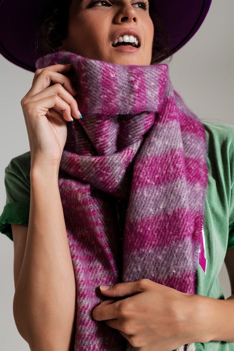Q2 Women's Scarves, Wraps, & Gloves One Size / Fuchsia Stripy Chunky Scarf In Lilac And Purple