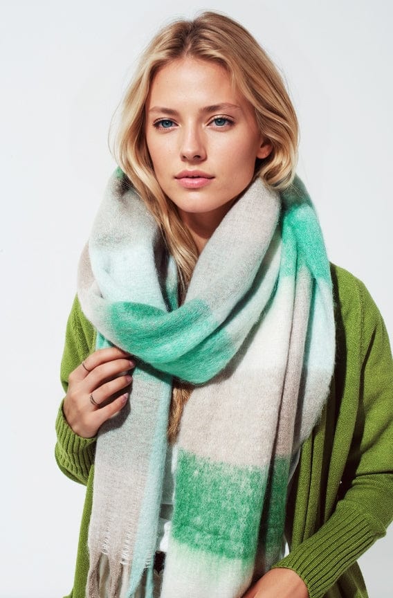 Q2 Women's Scarves, Wraps, & Gloves One Size / Green Chunky Stripy Scarf In Green And Gray