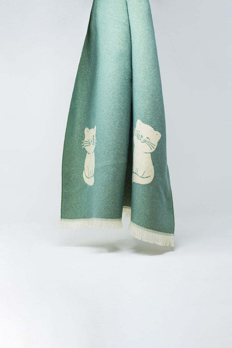 Q2 Women's Scarves, Wraps, & Gloves One Size / Green Wide Scarf In Aqua Green With Cat Print